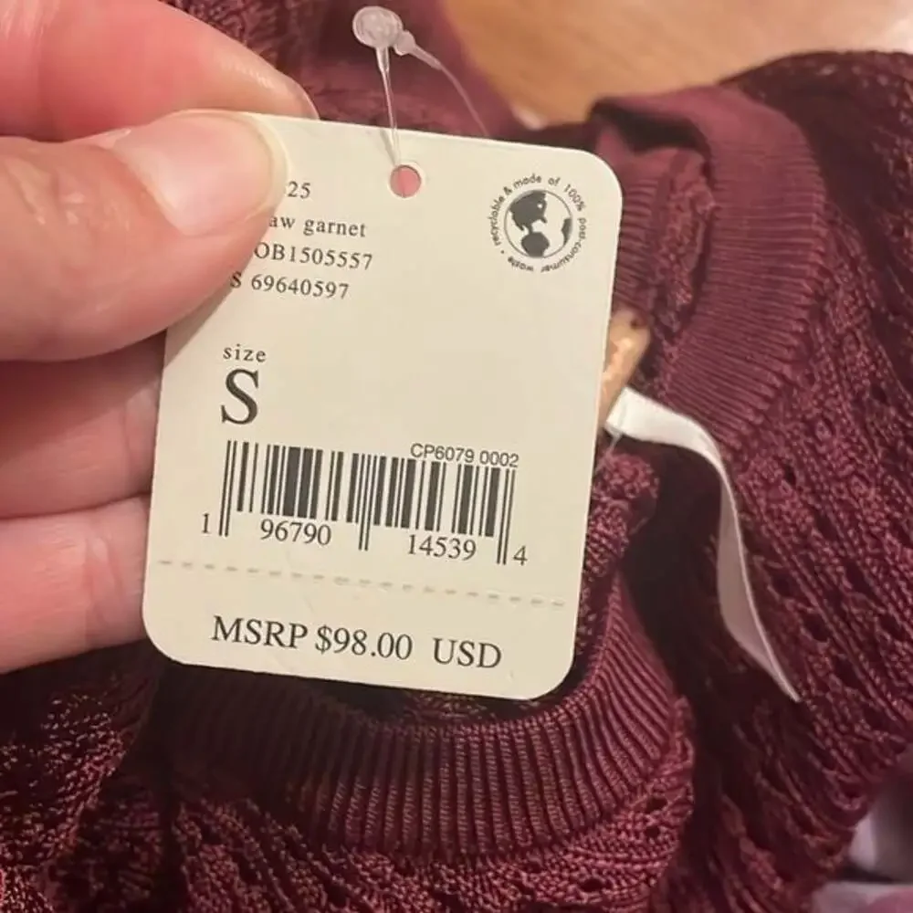 NWT Free People H20 Crew Pullover Size small raw garnet burgundy color​​​​​​​